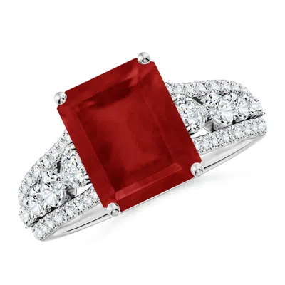 Angara Classic Emerald-cut Ruby Split Shank Engagement Ring With Accents In White Gold/medium Pinkish Red