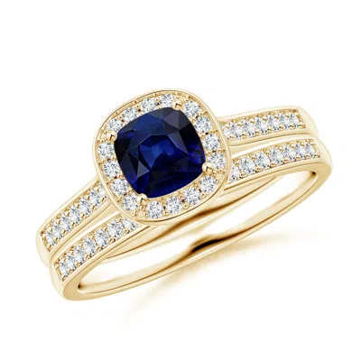 Angara Classic Cushion Blue Sapphire Bridal Set With Diamonds In Yellow Gold/medium To Rich Blue