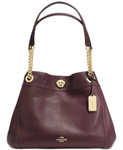 Shop Coach Turnlock Edie Shoulder Bag In Pebble Leather In Light Gold/oxblood