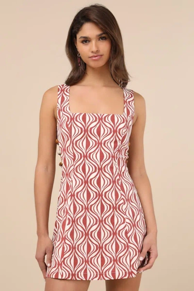 Lulus Pollie Rust And Cream Print Beaded Linen Sleeveless Mini Dress In Red