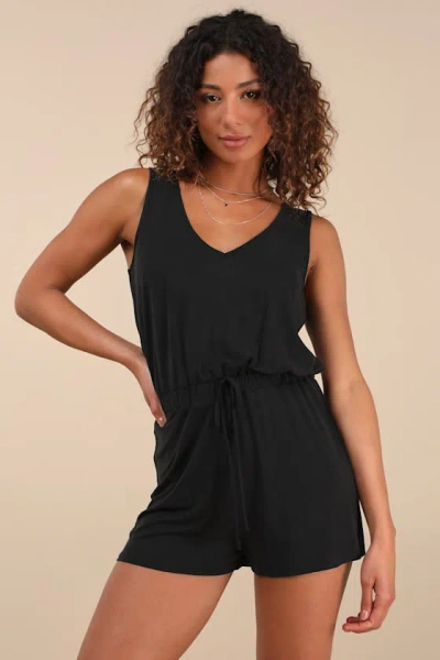 Lulus Sun Charmer Black Sleeveless V-neck Lounge Romper In Black