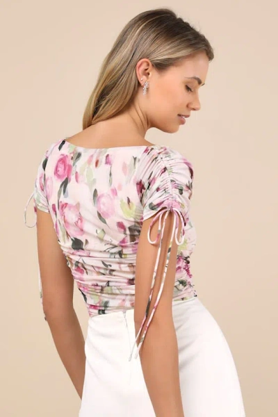 Lulus Zaharina Blush Pink Mesh Ruched Short Sleeve Bodysuit In Blush Pink