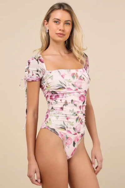 Lulus Zaharina Blush Pink Mesh Ruched Short Sleeve Bodysuit In Blush Pink