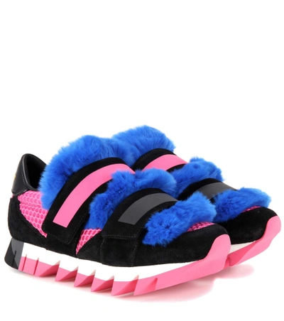 Shop Dolce & Gabbana Fur-embellished Suede And Mesh Sneakers In Black