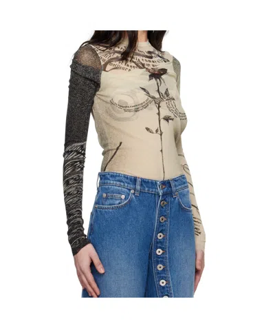 Jean Paul Gaultier Tattoo Print Cutout Double Layer Mesh Thong Bodysuit In True Color