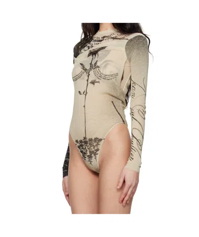 Jean Paul Gaultier Tattoo Print Cutout Double Layer Mesh Thong Bodysuit In True Color