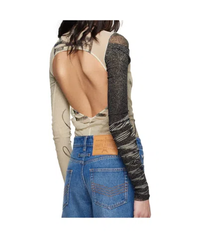 Jean Paul Gaultier Tattoo Print Cutout Double Layer Mesh Thong Bodysuit In True Color