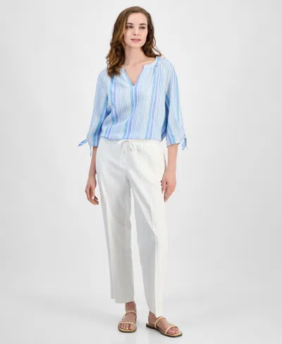 Jones New York Tie Cuff Raglan Sleeve Linen Blend Top In Nyc White