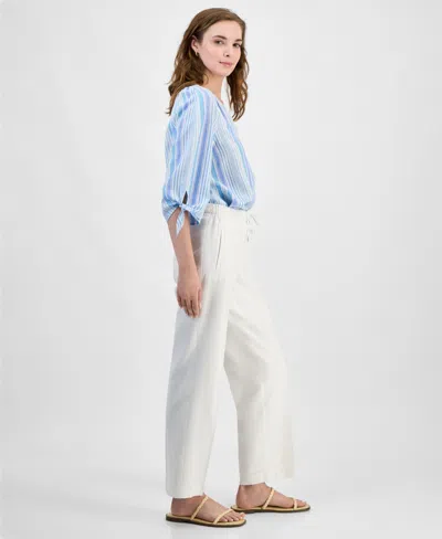 Jones New York Tie Cuff Raglan Sleeve Linen Blend Top In Nyc White