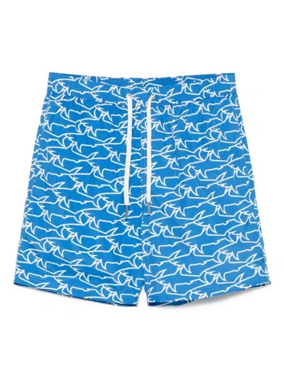 Paul & Shark Swimwear With Drawstring Waist And All-over Print In Light Blue