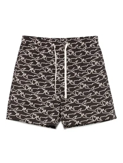 Paul & Shark Swim Shorts With All-over Shark Print In Multi