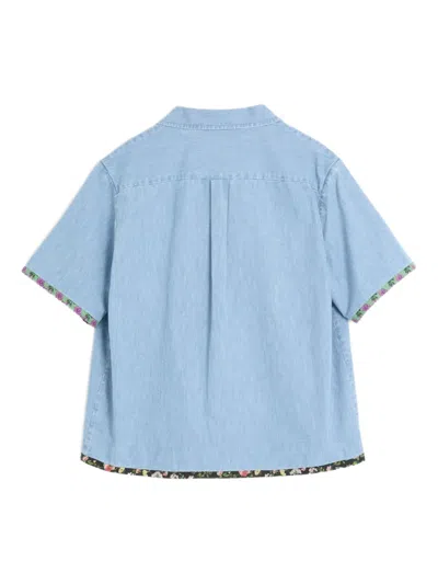 Valentino Garavani Denim Bowling Shirt With Floral Trim In Blue