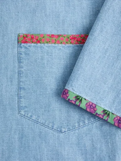 Valentino Garavani Denim Bowling Shirt With Floral Trim In Blue