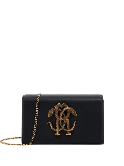 Roberto Cavalli Black Leather Shoulder Bag With Gold Emblem In Purple