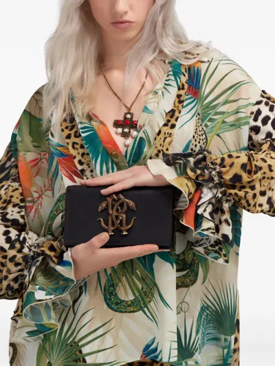 Roberto Cavalli Black Leather Shoulder Bag With Gold Emblem In Purple