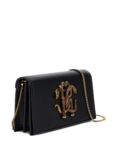 Roberto Cavalli Black Leather Shoulder Bag With Gold Emblem In Purple