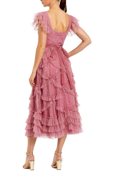 Mac Duggal Dot Net Sequin Ruffle Sweetheart Neck Midi Dress In Antique Rose