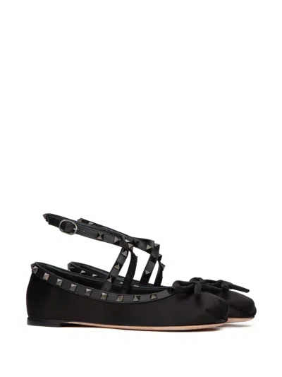 Valentino Garavani Rockstud Satin Ballet Flats In Black