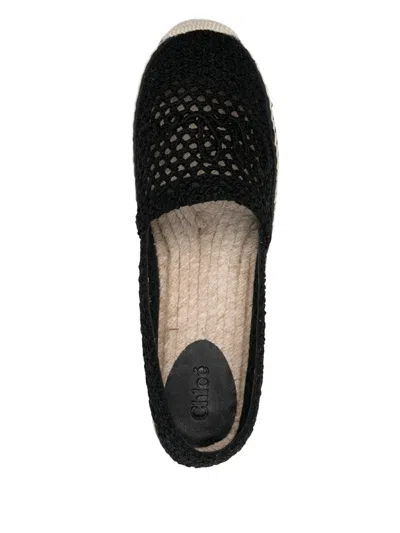 Chloé Woven Round Toe Espadrilles With Flat Rubber Sole In Black