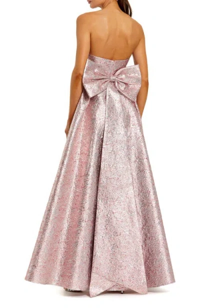 Mac Duggal Metallic Strapless Brocade Gown With Oversized Bow In Raspberry
