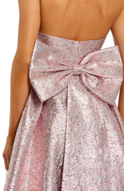 Mac Duggal Metallic Strapless Brocade Gown With Oversized Bow In Raspberry
