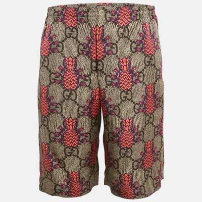 Pre-owned Gucci Brown/pink Pineapple Gg Print Silk Shorts M