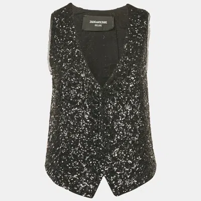 Pre-owned Zadig & Voltaire Black Sequin Button Front Emilie Waistcoat M