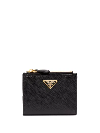 Prada Coin Purse In Saffiano Leather With Metal Triangle Logo In Nero