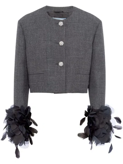 Prada Mat Feather-cuff Cropped Jacket With Crystal Buttons In Gray