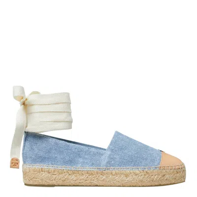 Tory Burch Bicolor Denim Ankle-wrap Espadrilles In Blue