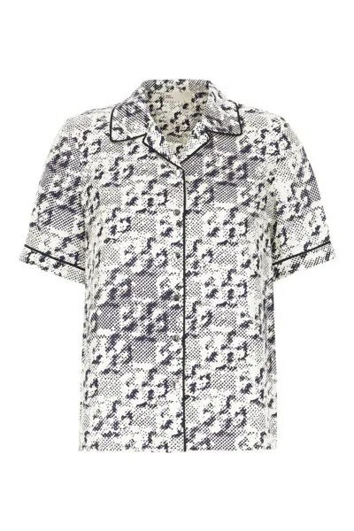 Tory Burch Silk Camp Shirt With Printed Monogram Pattern In New Ivory Pixelated Logo