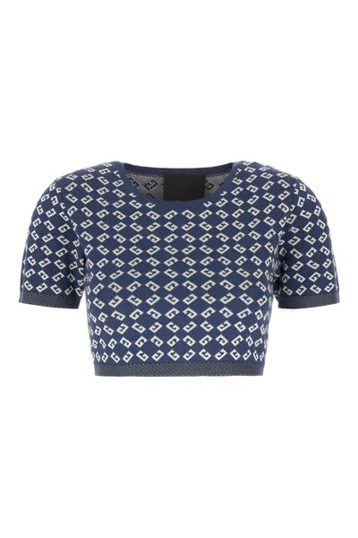Givenchy Short Sleeve Crew Neck Geometric Pattern Top In Denim Blue