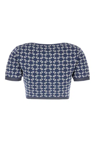 Givenchy Short Sleeve Crew Neck Geometric Pattern Top In Denim Blue