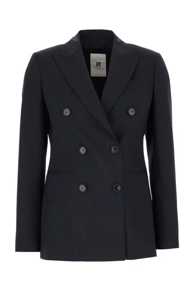 Pt Torino Stretch Wool Double-breasted Blazer In Navy