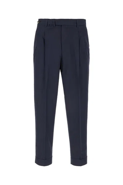 Pt Torino Blue Pants With Pleats And Belt Loops In Cotton Blend Man In Navy