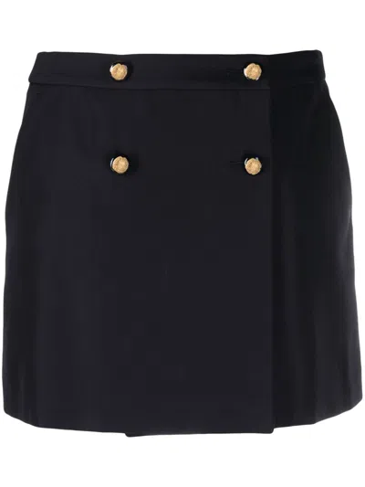 Alexander Mcqueen Button-embellished Wool And Cotton-blend Twill Mini Skirt In Blue