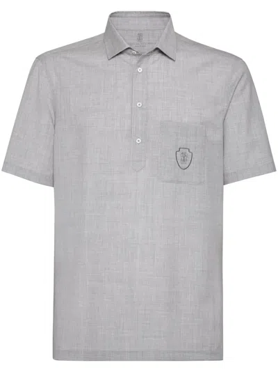 Brunello Cucinelli Virgin Wool Poplin Polo Shirt In Gray