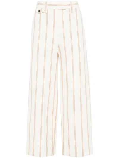 Brunello Cucinelli Multicolor Crop Pants With All-over Striped Motif And Monile Detail In Neutrals