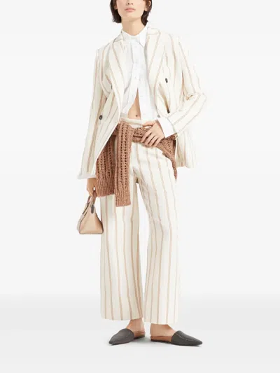 Brunello Cucinelli Multicolor Crop Pants With All-over Striped Motif And Monile Detail In Neutrals