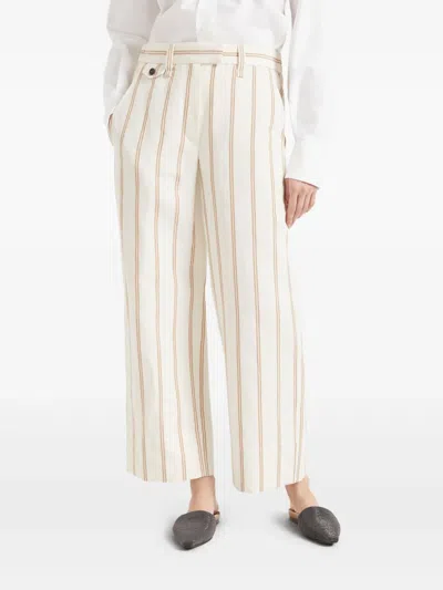 Brunello Cucinelli Multicolor Crop Pants With All-over Striped Motif And Monile Detail In Neutrals