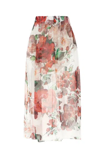 Dolce & Gabbana Multicolor Skirt With All-over Floral Motif In Silk Woman In Bouche'florifondwhite