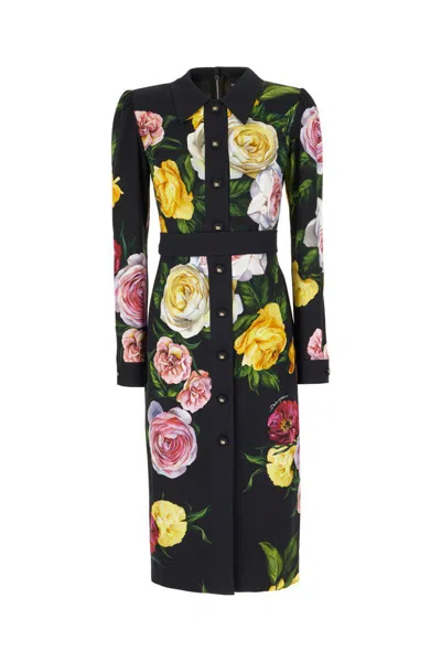 Dolce & Gabbana Calf-length Cady Shirt Dress With Peony And Rose Print In Peonies Roses Fdo Black