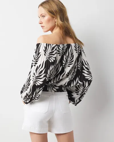 White House Black Market Petite Off-the-shoulder Kimono Sleeve Blouse In Tonal Leaf Split Black