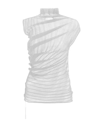 Victoria Beckham High Neck White Top In Semi-transparent Ribbed Knit In White