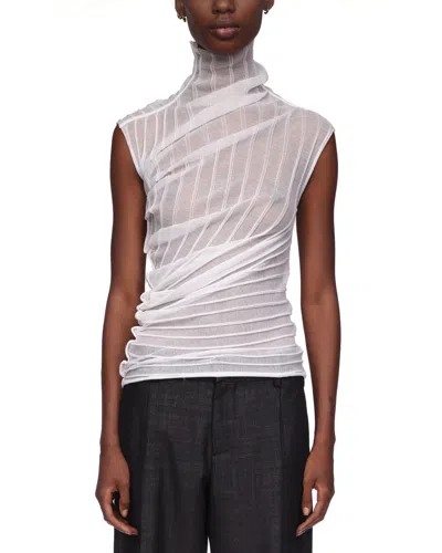Victoria Beckham High Neck White Top In Semi-transparent Ribbed Knit In White