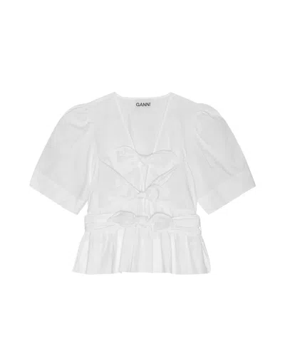 Ganni Belted Tie-detailed Gathered Cotton-blend Poplin Blouse In White