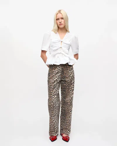 Ganni Belted Tie-detailed Gathered Cotton-blend Poplin Blouse In White