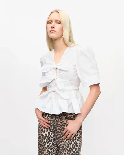 Ganni Belted Tie-detailed Gathered Cotton-blend Poplin Blouse In White