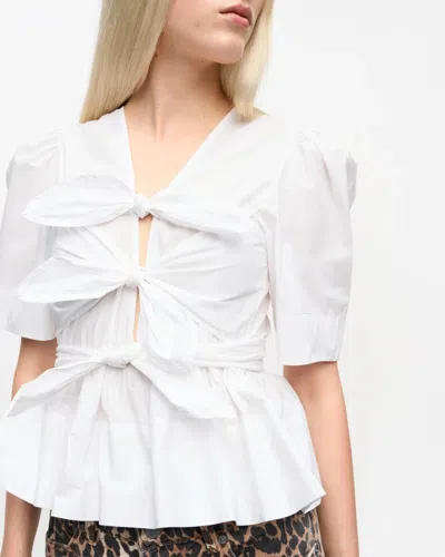 Ganni Belted Tie-detailed Gathered Cotton-blend Poplin Blouse In White