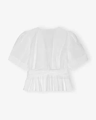 Ganni Belted Tie-detailed Gathered Cotton-blend Poplin Blouse In White
